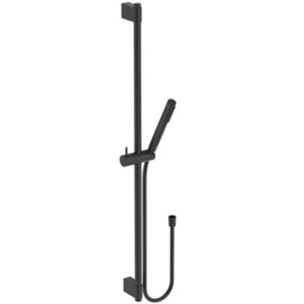 Brausekombination der Marke Ideal Standard in Schwarz mit Handbrause, vertikalem Halter und Schlauch. Einfaches Design für eine moderne Badezimmerausstattung.